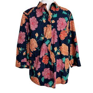 Chicos Womens Blouse Shirt Size 1 (8/10) Floral Navy Button Front Top 3/4 Sleeve